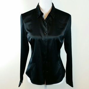 Ann Taylor Stretch black satin button down blouse